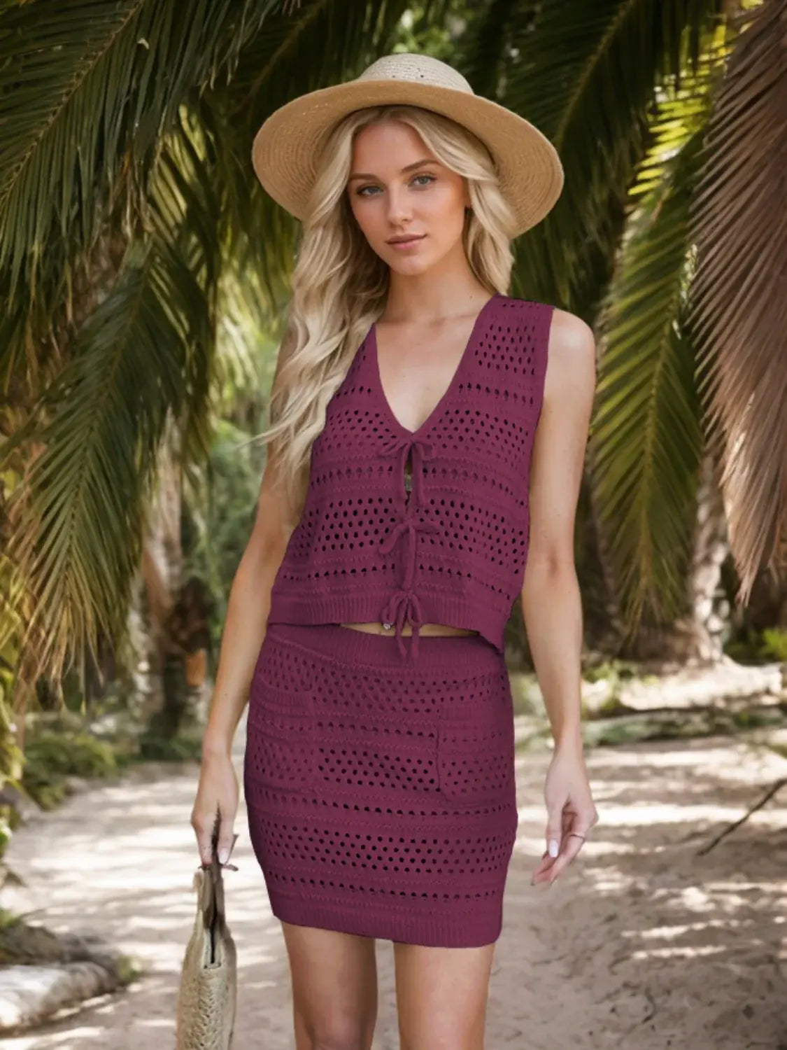 Openwork V-Neck Top and Skirt Knit Cover Up Set - Trendsi - Flyclothing LLC