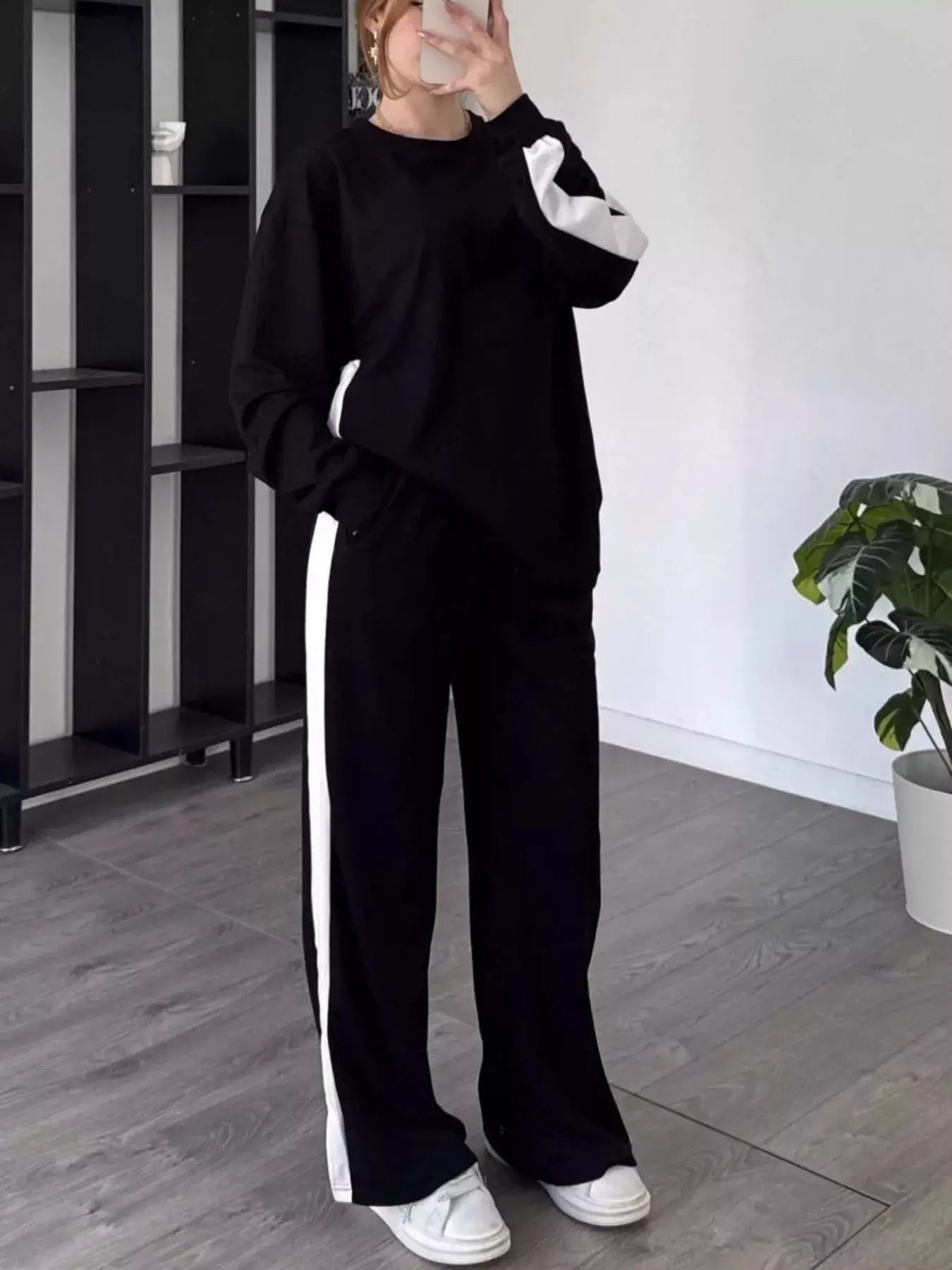 Full Size Contrast Round Neck Top and Pants Set Plus Size - Trendsi - Flyclothing LLC