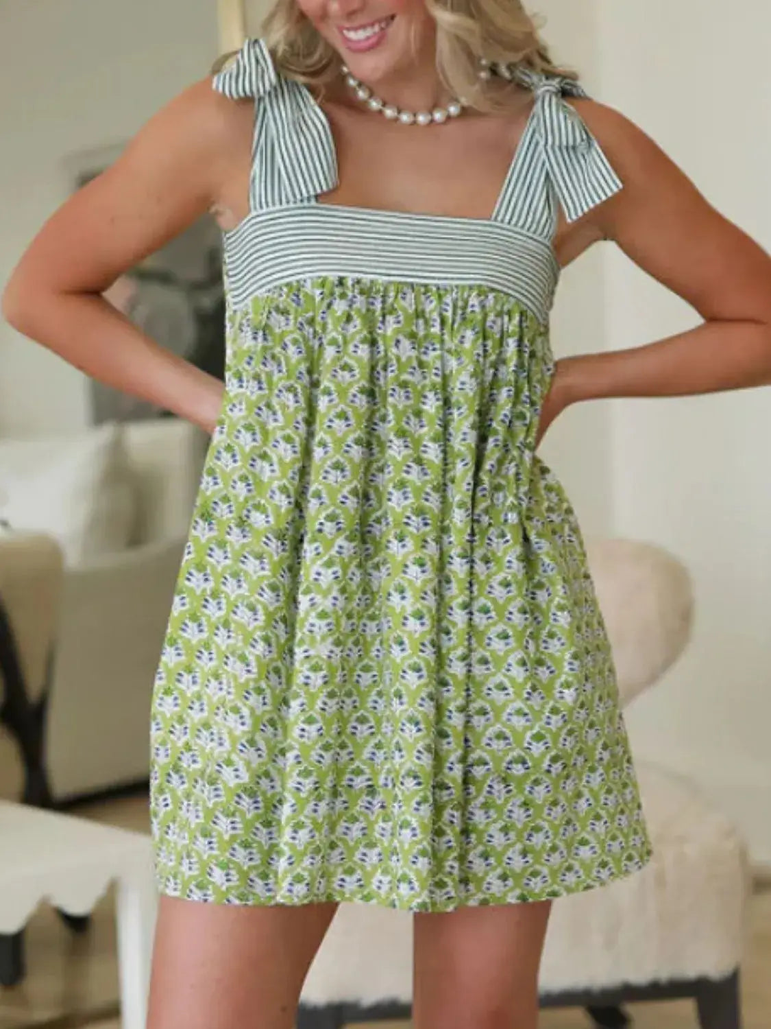 Printed Square Neck Tie Shoulder Mini Dress - Trendsi - Flyclothing LLC