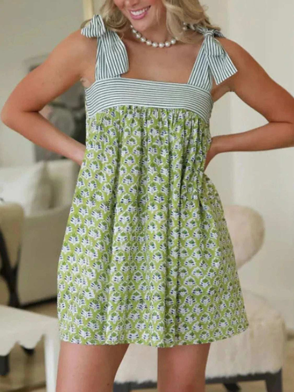 Printed Square Neck Tie Shoulder Mini Dress - Trendsi - Flyclothing LLC