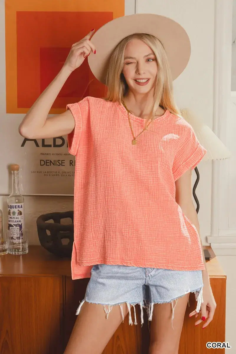 Zenana Woven Double Gauze Acid Washed Short Sleeve Top - Trendsi - Flyclothing LLC