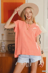 Zenana Woven Double Gauze Acid Washed Short Sleeve Top - Trendsi - Flyclothing LLC