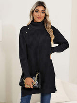 Slit Turtleneck Long Sleeve Sweater - Trendsi - Flyclothing LLC