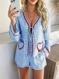 Devine Tie Front Contrast Plaid Shirt and Shorts Set - Trendsi - Flyclothing LLC