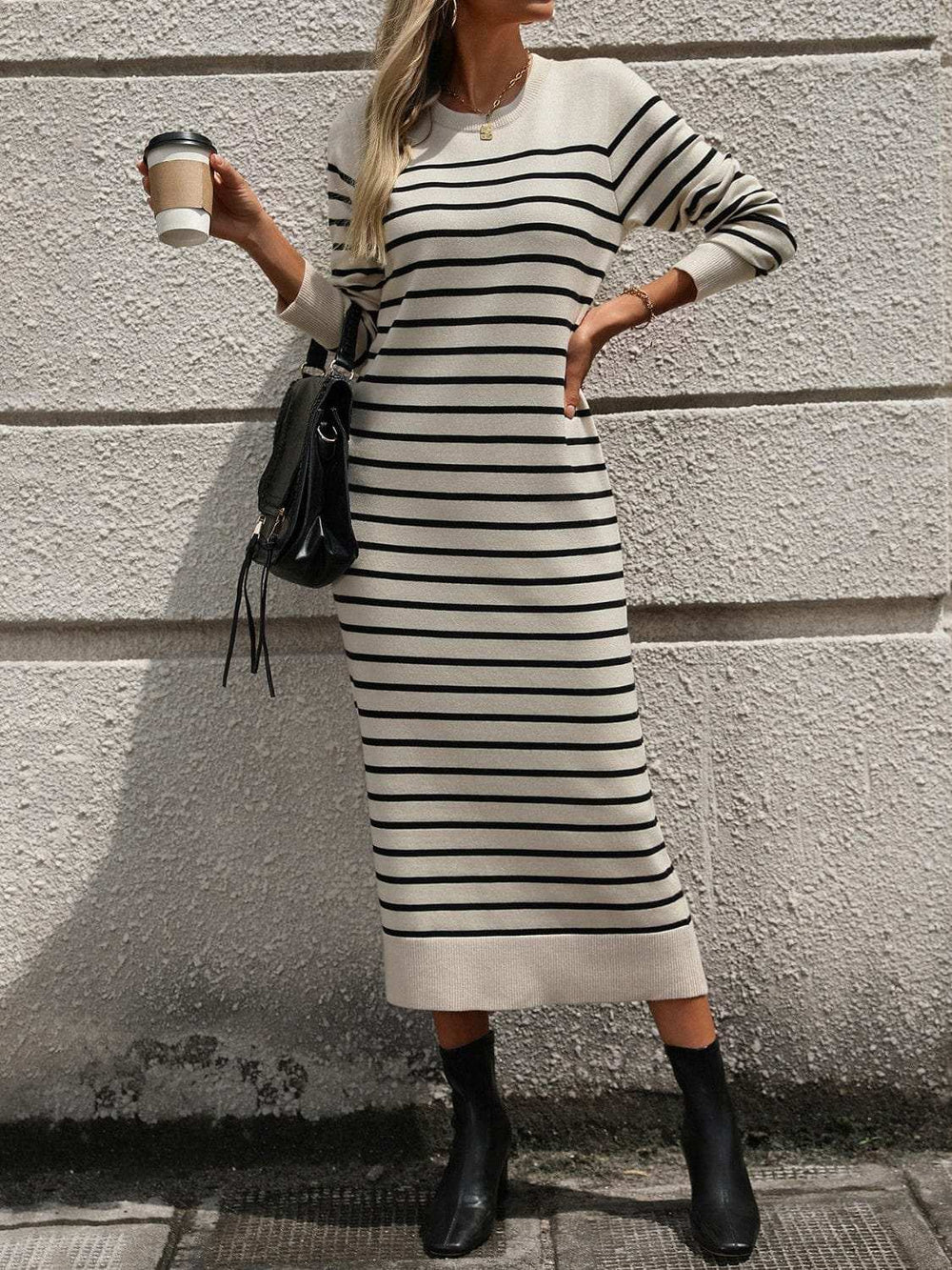 Striped Round Neck Long Sleeve Dress - Trendsi - Flyclothing LLC