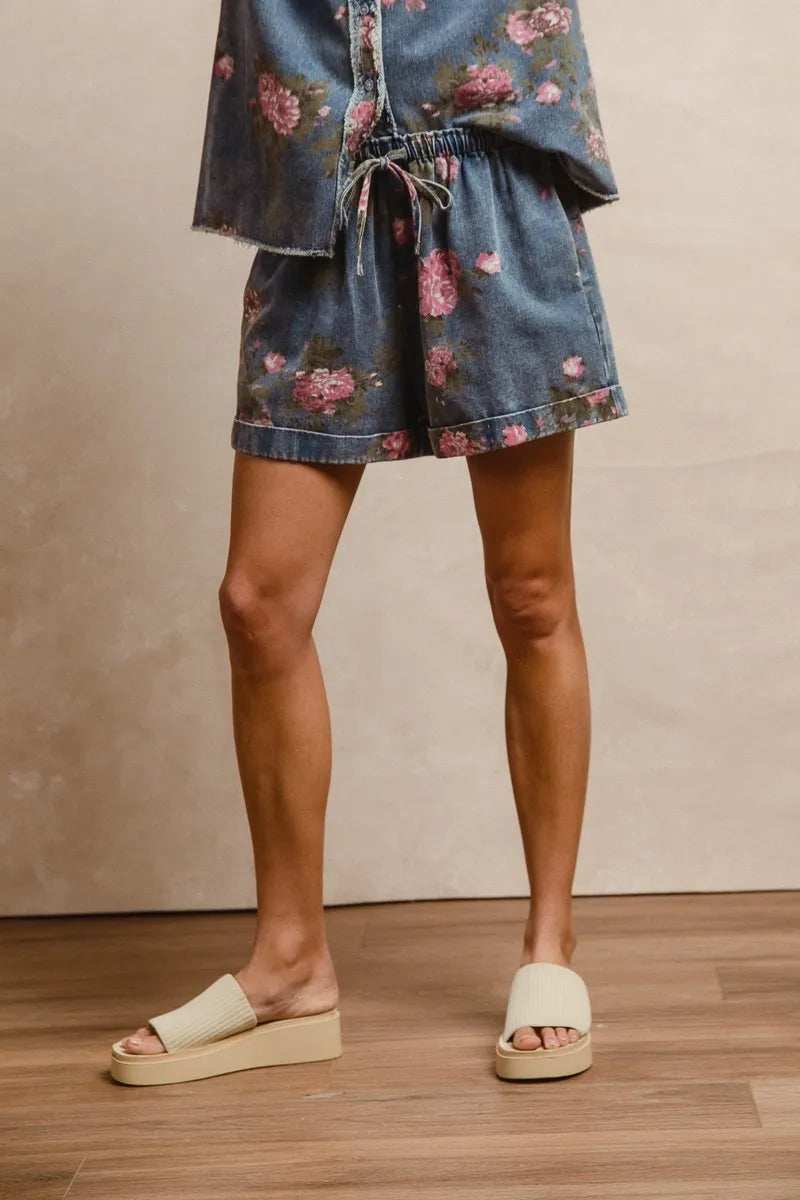 BiBi Floral Printed Denim Short Pants With Pocket - Trendsi - Flyclothing LLC