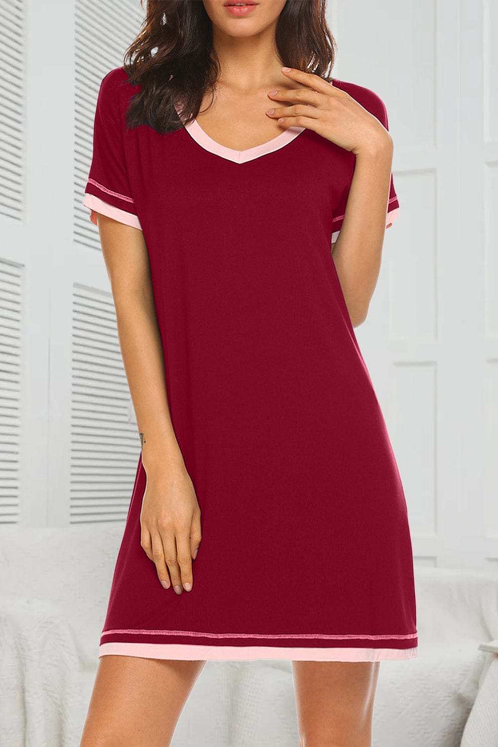 Contrast Trim Short Sleeve Lounge Dress - Trendsi - Flyclothing LLC