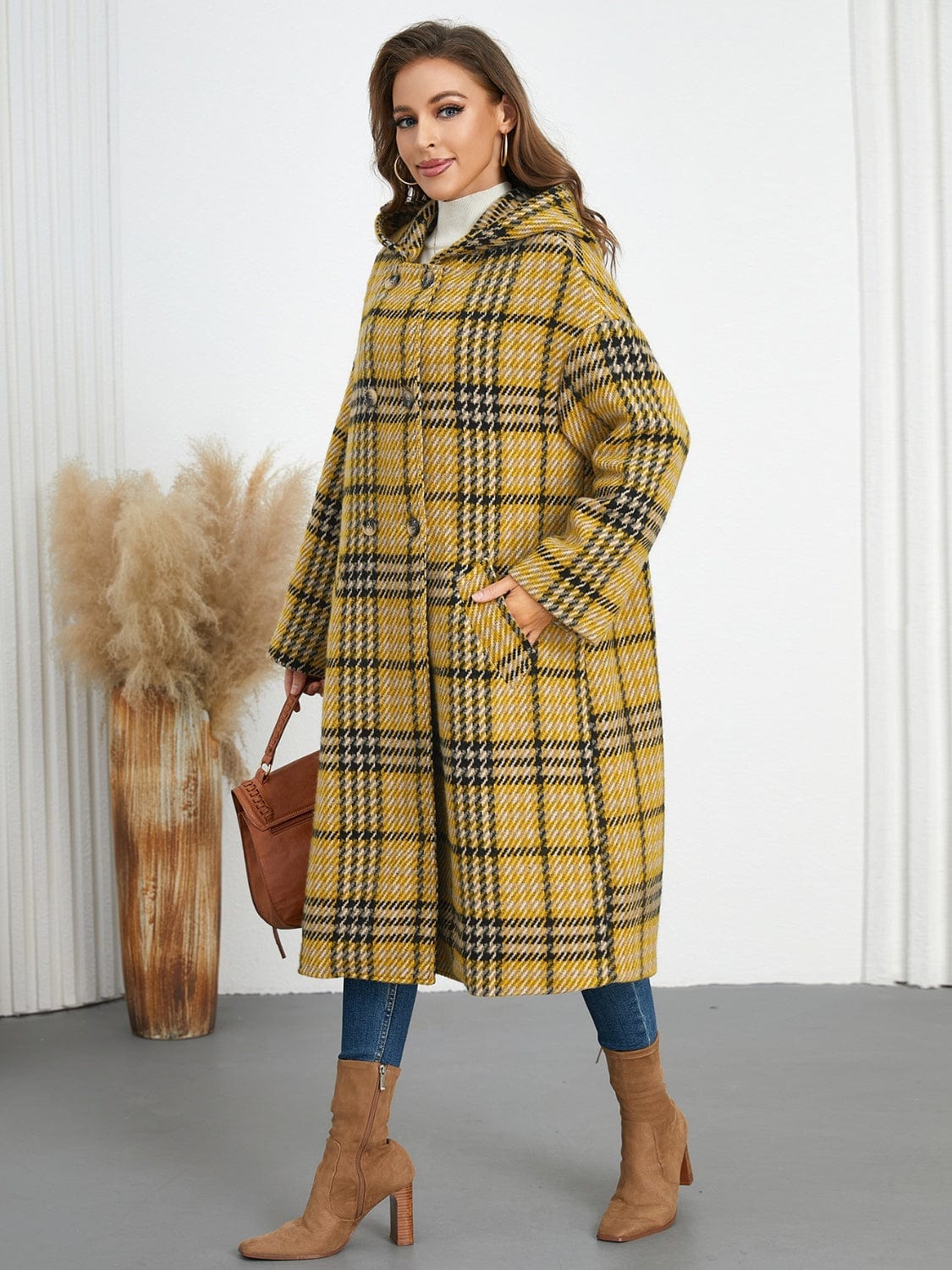 Plaid Double-Breasted Long Sleeve Longline Coat - Trendsi