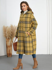 Plaid Double-Breasted Long Sleeve Longline Coat - Trendsi