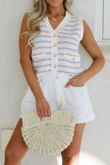 Stripe V Neck Gold Buttons Elegant Sweater Vest - Trendsi - Flyclothing LLC