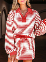 Stripe Collared V Neck Drop Shoulder Pullover and Skort 2pcs Outfit - Trendsi - Flyclothing LLC