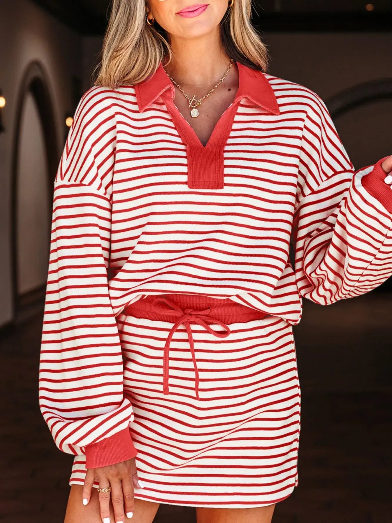 Stripe Collared V Neck Drop Shoulder Pullover and Skort 2pcs Outfit - Trendsi - Flyclothing LLC