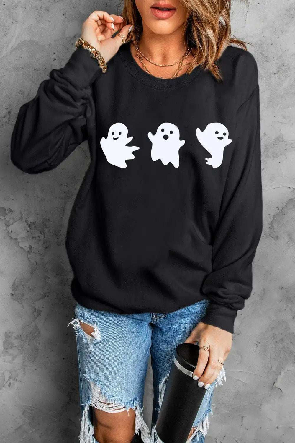Ghost Round Neck Long Sleeve Sweatshirt - Trendsi - Flyclothing LLC