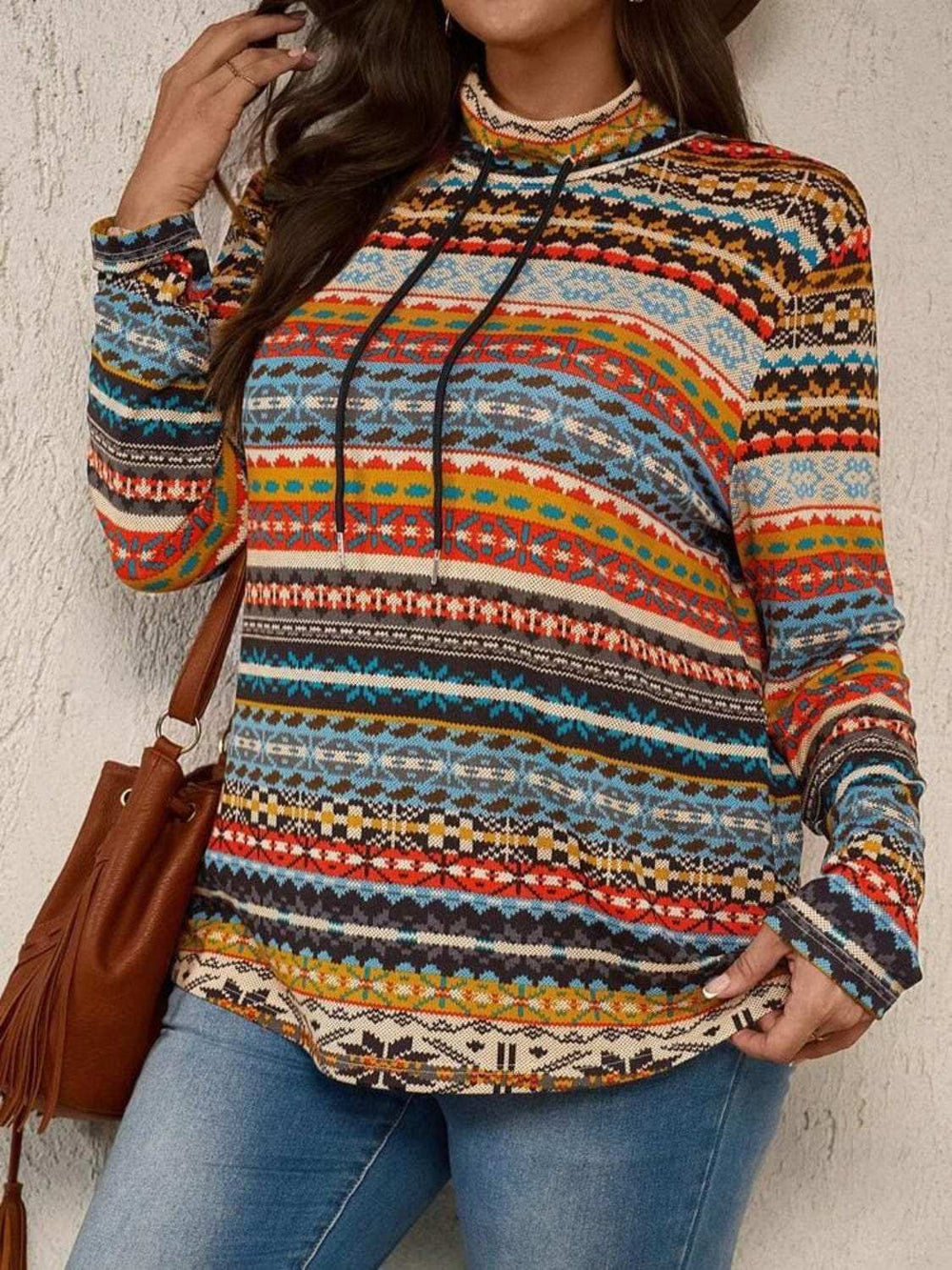 Plus Size Drawstring Printed Mock Neck Long Sleeve Top - Trendsi - Flyclothing LLC