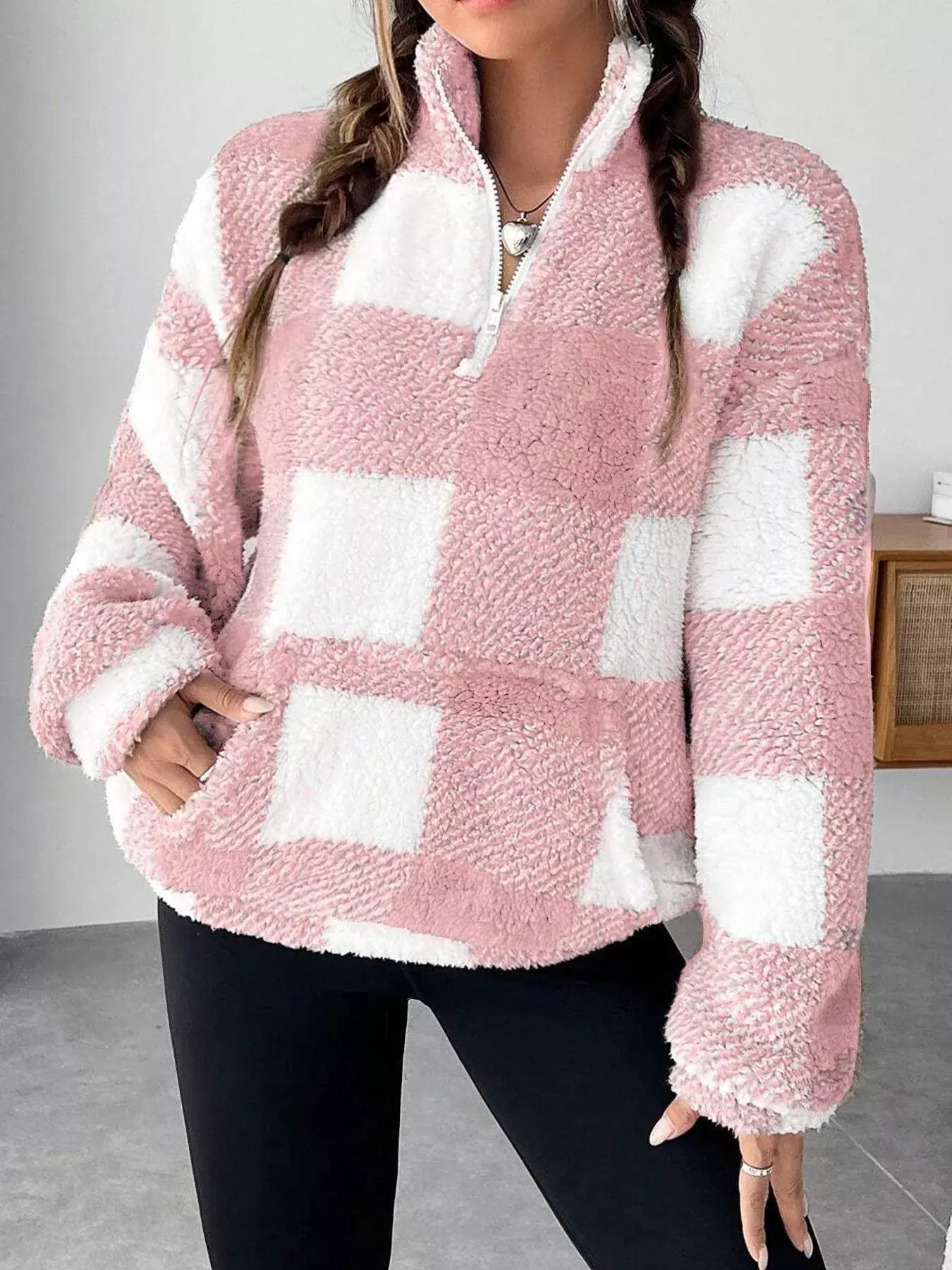 Full Size Plaid Sherpa Long Sleeve Sweatshirt Plus Size - Trendsi - Flyclothing LLC