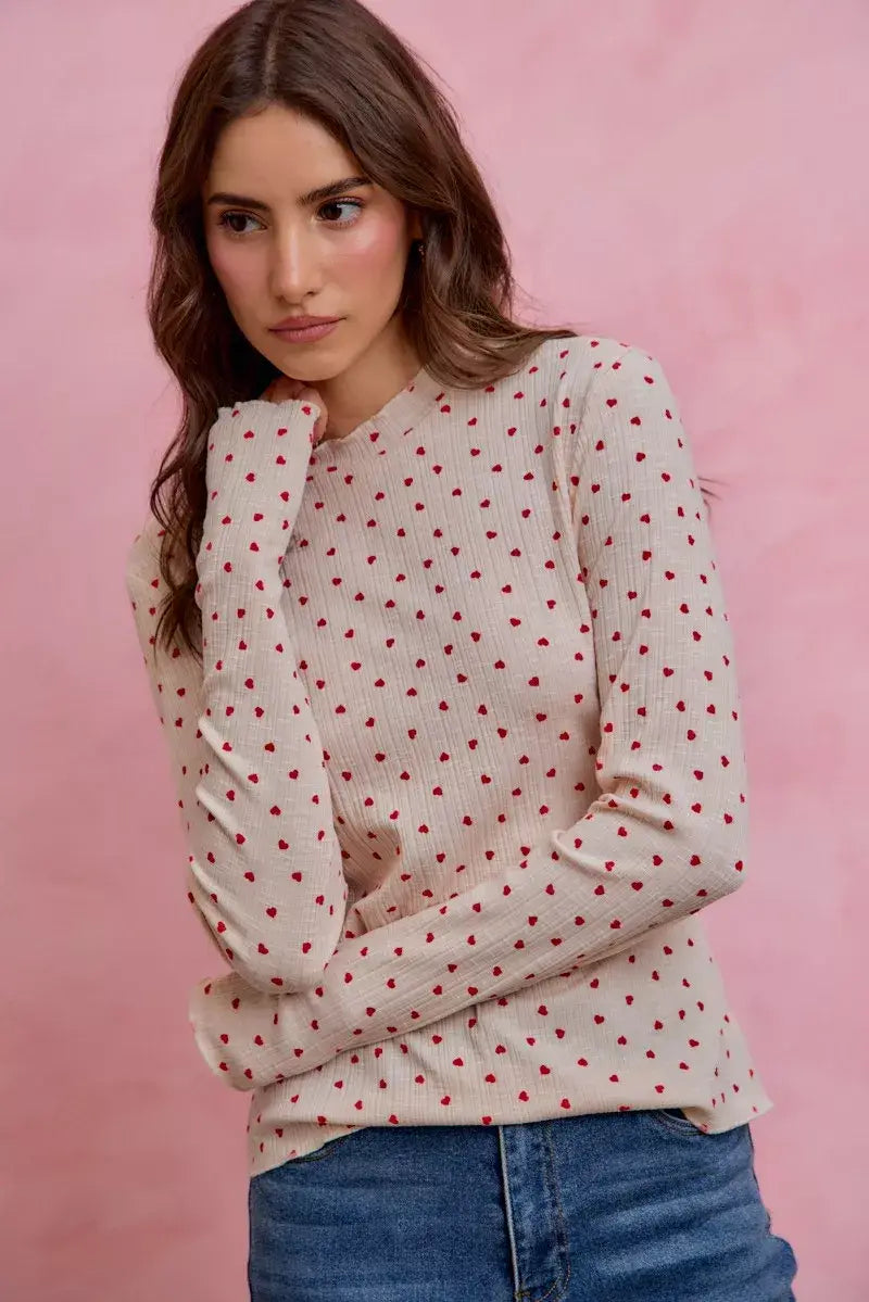SO ME Ditsy Heart All Over Slub Rib Knit Valentine Top - Trendsi - Flyclothing LLC