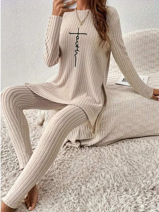 Side Slit Round Neck Long Sleeve Top and Pants Set - Trendsi - Flyclothing LLC