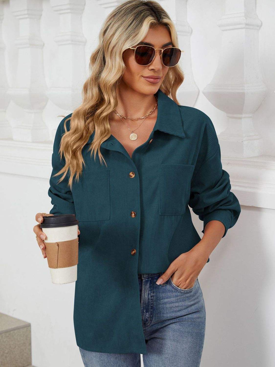 Button Up Dropped Shoulder Long Sleeve Outerwear - Trendsi - Flyclothing LLC