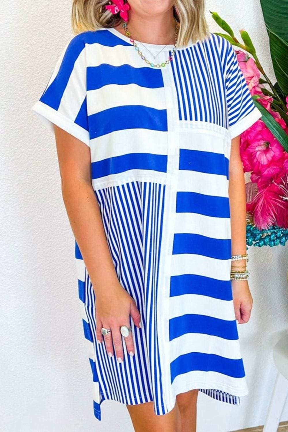 Stripe Mixed Short Sleeve Shift Mini Tee Dress - Trendsi - Flyclothing LLC