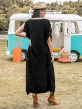 Contrast Trim Notched Slit Short Sleeve Midi Dress - Trendsi - Flyclothing LLC