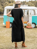 Contrast Trim Notched Slit Short Sleeve Midi Dress - Trendsi - Flyclothing LLC