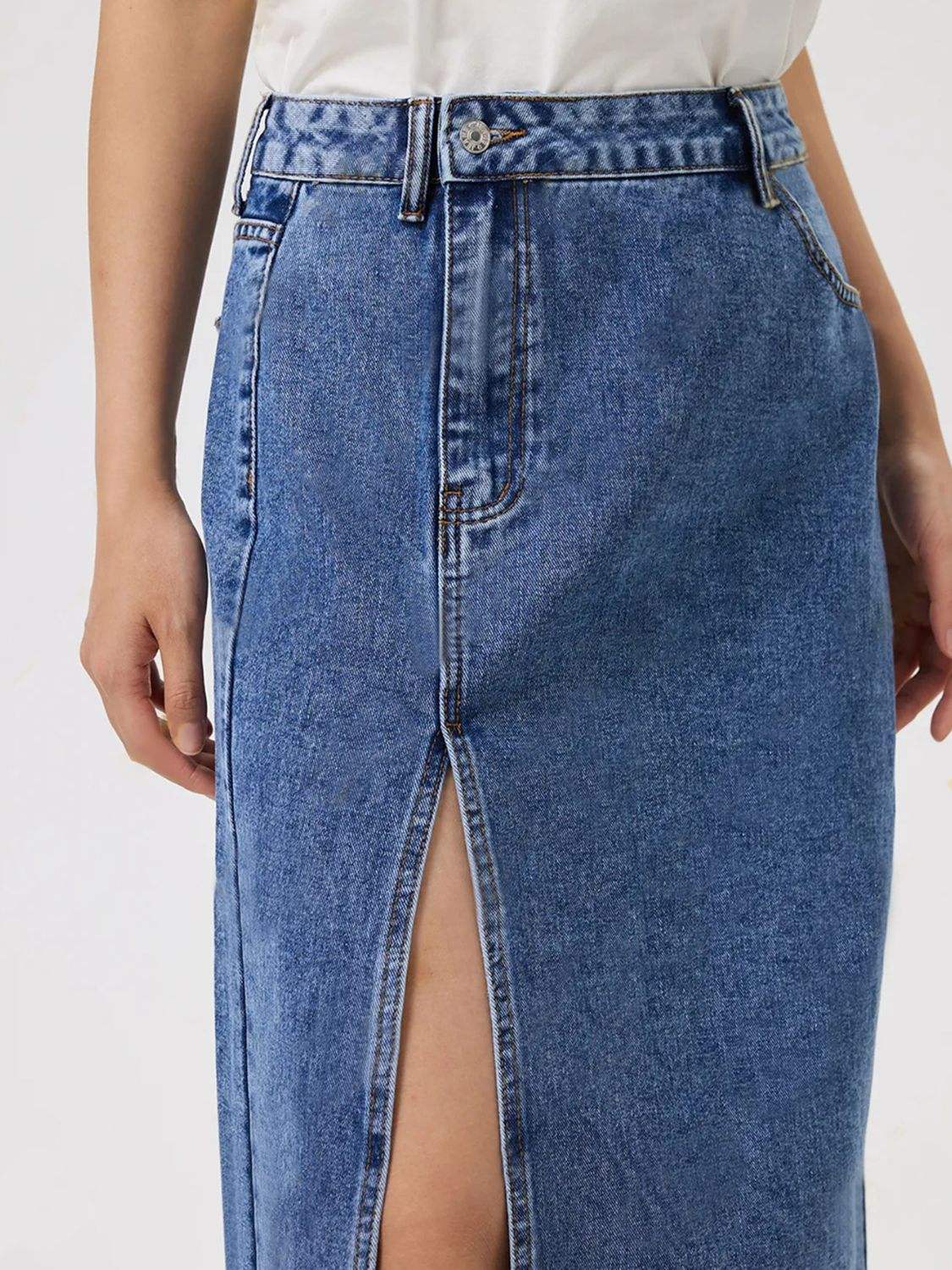 Slit Midi Denim Skirt with Pockets - Trendsi - Flyclothing LLC