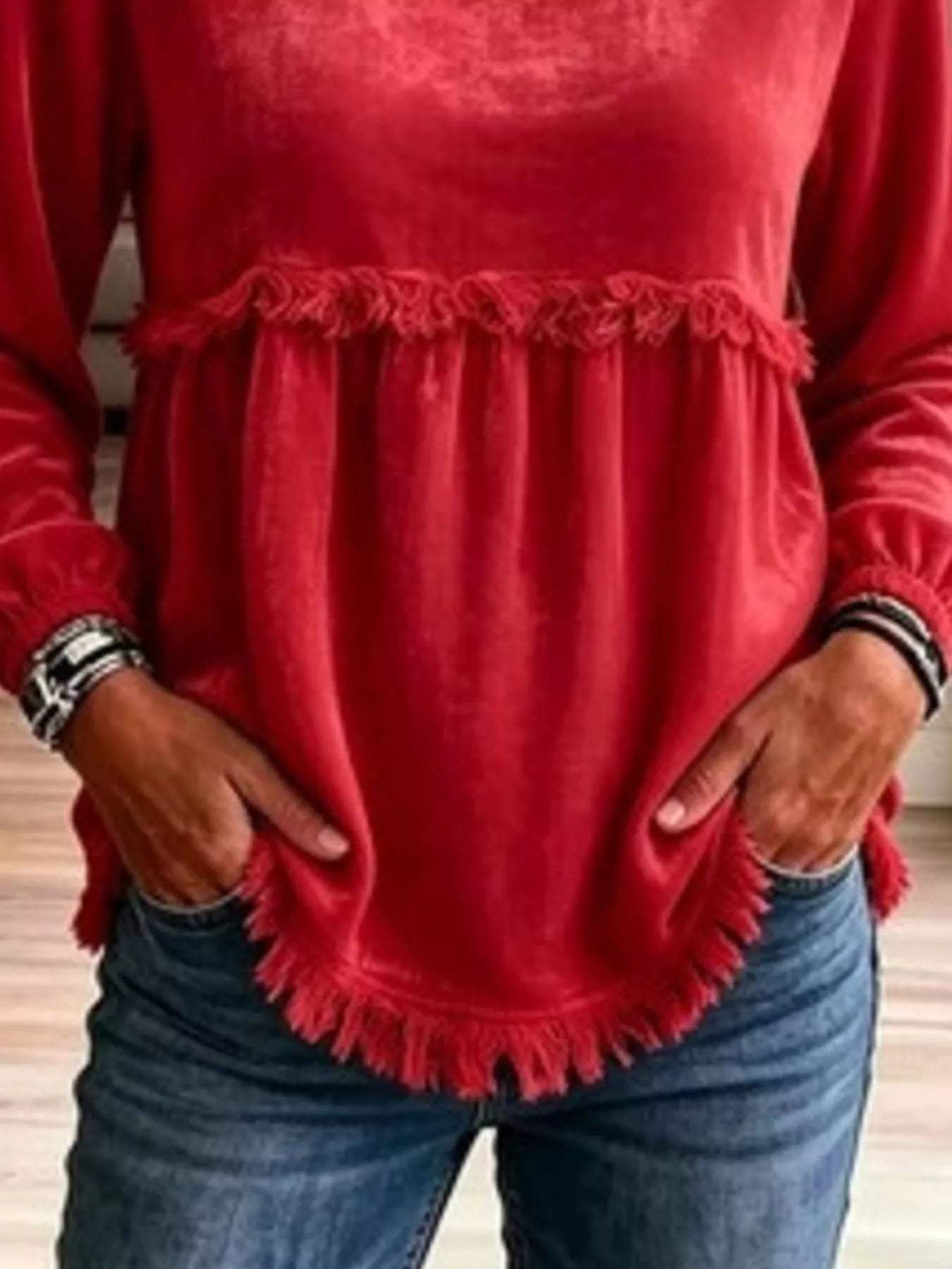 Fringed Hem Long Sleeve T-Shirt - Trendsi - Flyclothing LLC
