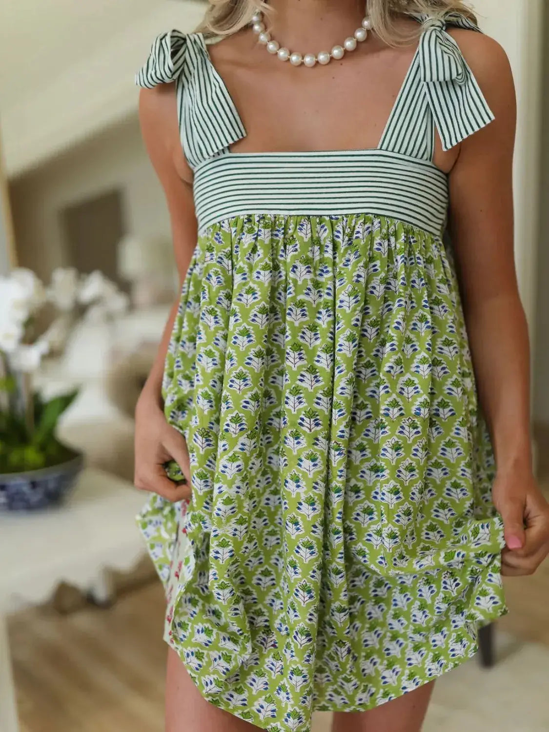 Printed Square Neck Tie Shoulder Mini Dress - Trendsi - Flyclothing LLC