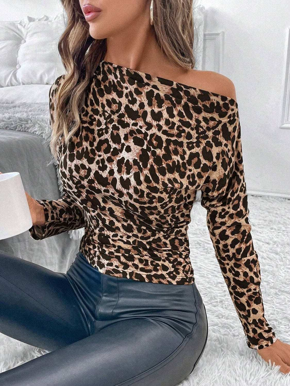 Leopard One Shoulder Long Sleeve T-Shirt - Trendsi - Flyclothing LLC