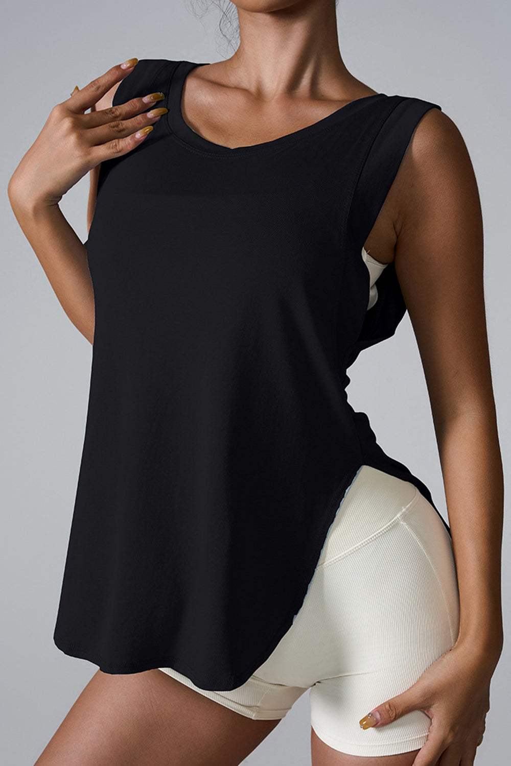 Slit Round Neck Active Tank - Trendsi - Flyclothing LLC