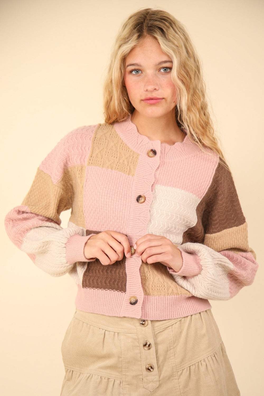 VERY J Color Block Button Down Textured Sweater Cardigan - Trendsi - Flyclothing LLC