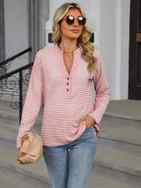Striped Notched Long Sleeve T-Shirt - Trendsi - Flyclothing LLC