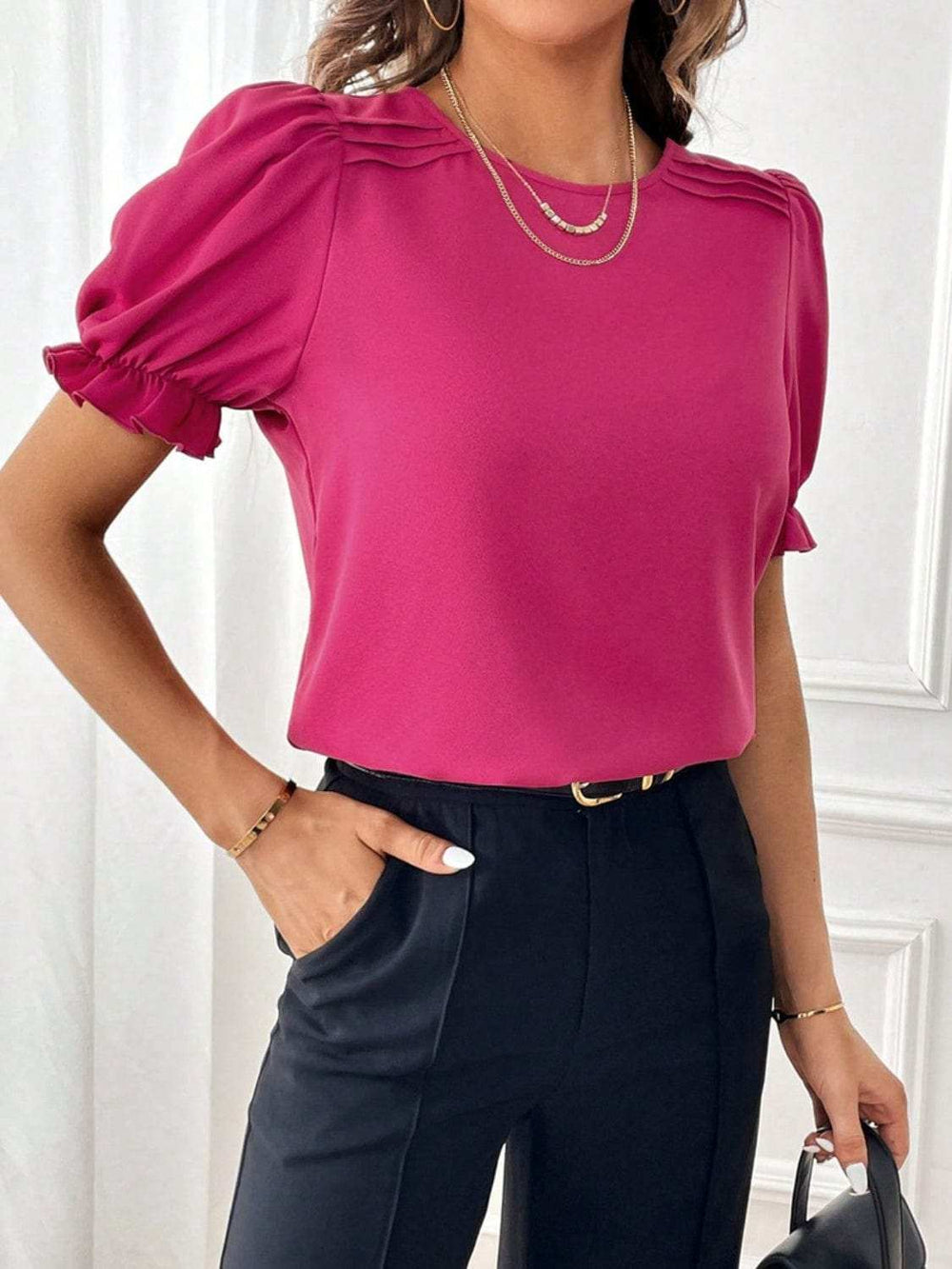 Round Neck Flounce Sleeve Blouse - Trendsi - Flyclothing LLC