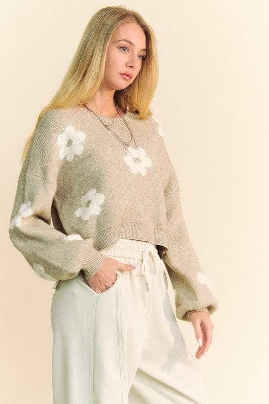 Davi & Dani Floral Drop Shoulder Cropped Sweater - Trendsi - Flyclothing LLC
