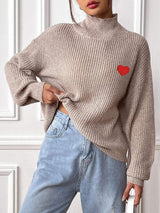 Heart Turtleneck Dropped Shoulder Long Sleeve Sweater - Trendsi - Flyclothing LLC