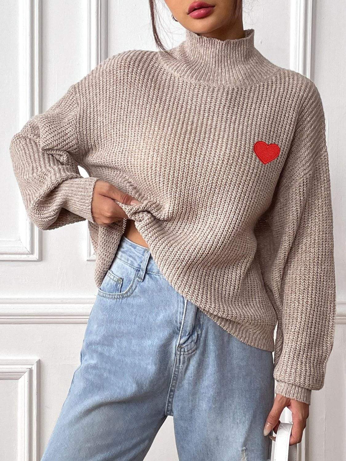 Heart Turtleneck Dropped Shoulder Long Sleeve Sweater - Trendsi - Flyclothing LLC