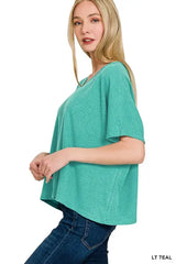 Zenana Ribbed V-Neck Short-Sleeve Knit Top - Trendsi - Flyclothing LLC