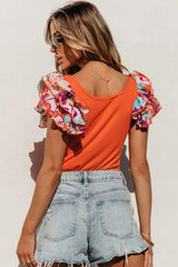 Scoop Neck Flounce Sleeve Bodysuit - Trendsi - Flyclothing LLC