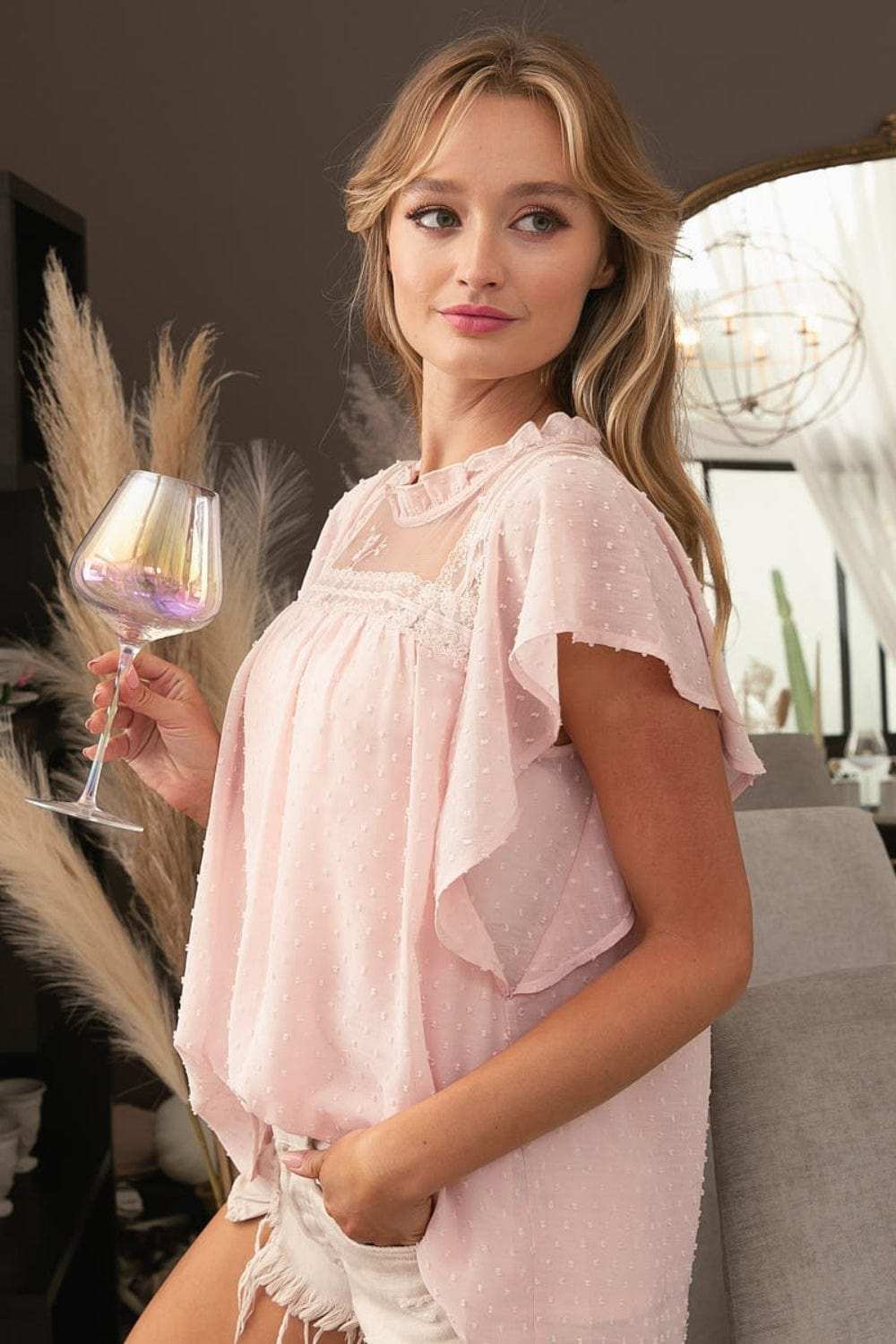 BiBi Swiss Dot Lace Detail Short Sleeve Blouse - Trendsi - Flyclothing LLC