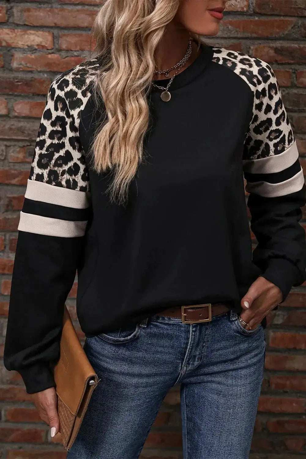 Leopard Round Neck Long Sleeve Sweatshirt - Trendsi - Flyclothing LLC
