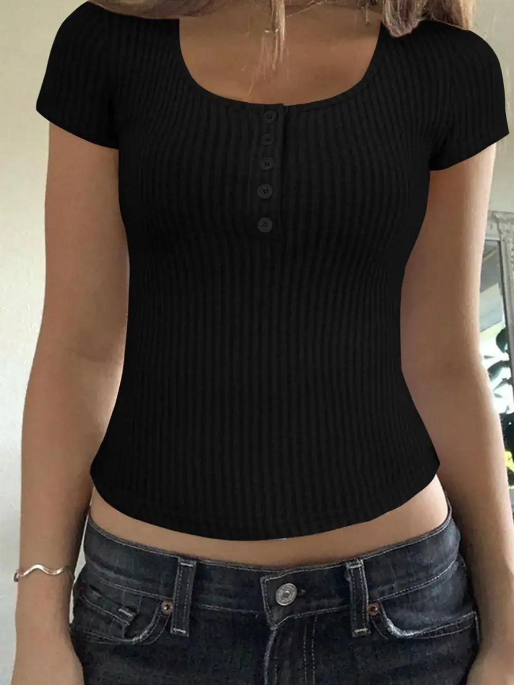 Ribbed Button Detail Round Neck Short Sleeve T-Shirt - Trendsi - Flyclothing LLC