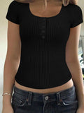 Ribbed Button Detail Round Neck Short Sleeve T-Shirt - Trendsi - Flyclothing LLC