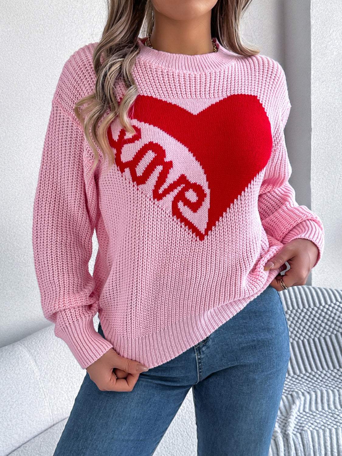 LOVE Heart Round Neck Dropped Shoulder Sweater - Trendsi - Flyclothing LLC