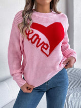 LOVE Heart Round Neck Dropped Shoulder Sweater - Trendsi - Flyclothing LLC