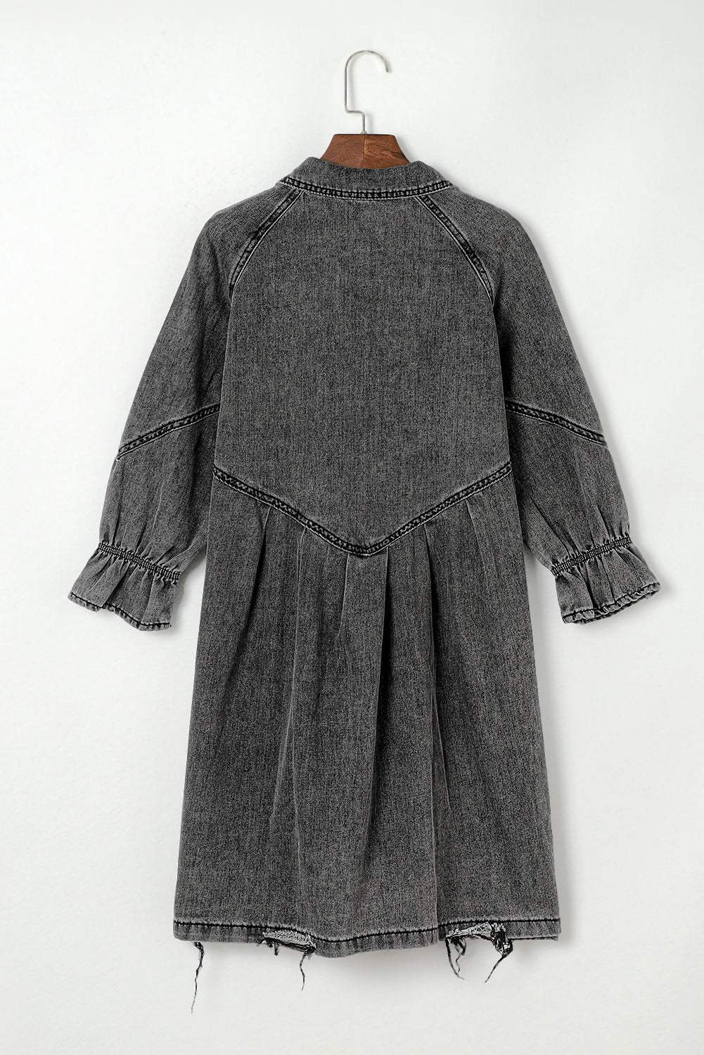 Distressed Collared Neck Flounce Sleeve Denim Dress - Trendsi - Flyclothing LLC