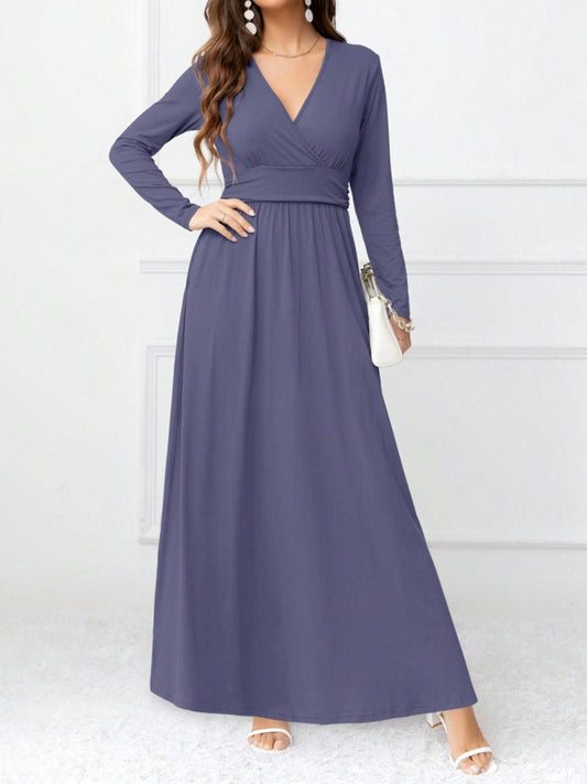 Pocketed Surplice Long Sleeve Maxi Dress - Trendsi