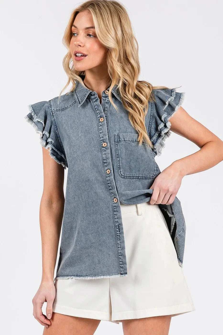 Mittoshop Washed Denim Ruffle Short Sleeve Collared Shirt - Trendsi - Flyclothing LLC