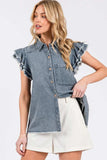 Mittoshop Washed Denim Ruffle Short Sleeve Collared Shirt - Trendsi - Flyclothing LLC