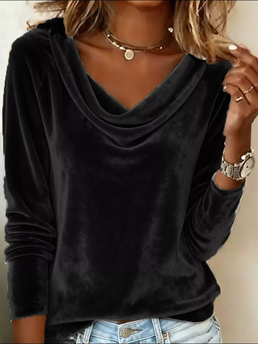 Velvet Cowl Neck Long Sleeve Top - Trendsi - Flyclothing LLC