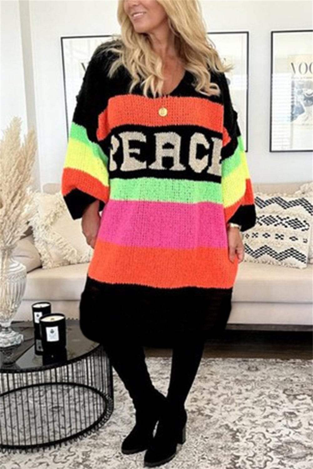 Color Block V-Neck Long Sleeve Sweater Dress - Trendsi - Flyclothing LLC